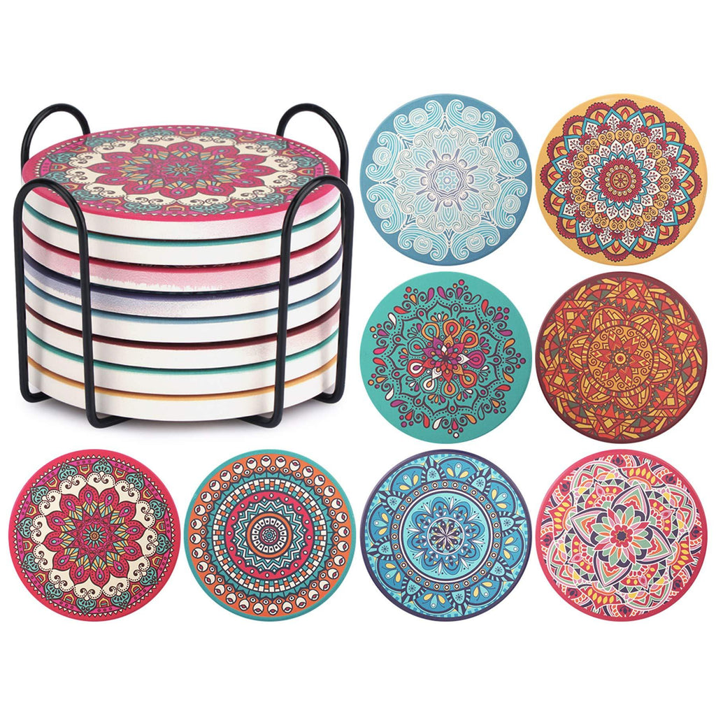  [AUSTRALIA] - CHEFBEE Set of 8 Coaster for Drinks Absorbent Mandala Ceramic Coasters with Cork Base, Metal Holder, Stone Coasters Set for Wooden Table, Great Home and Dining Room Decor, Housewarming Gift