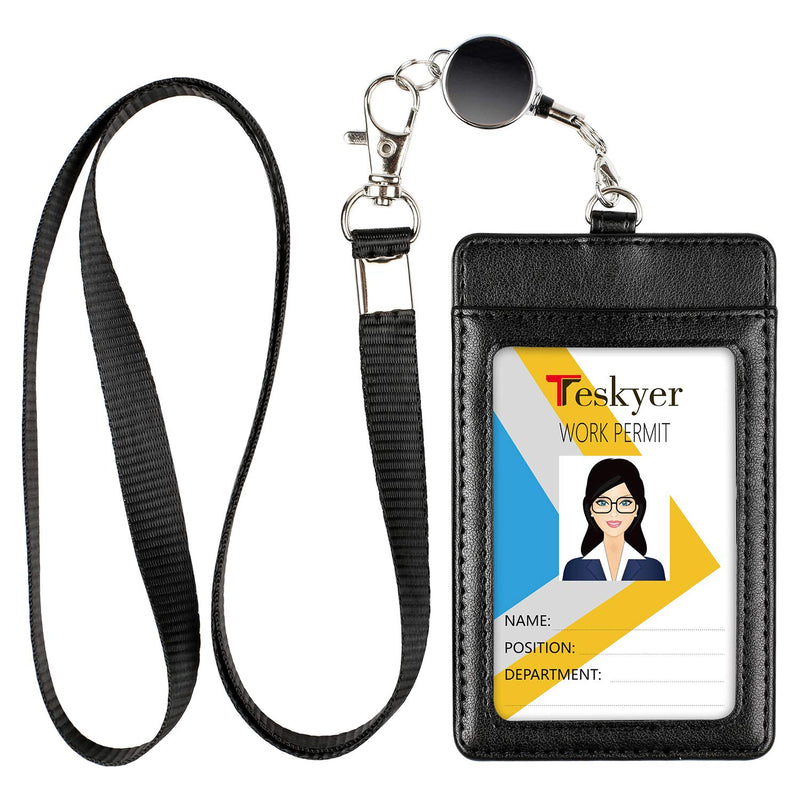  [AUSTRALIA] - Teskyer ID Badge Holder with Retractable Lanyard, Easy Swipe Premium PU Leather ID Card Holder with 2 Card Slots for Work ID, School ID, Metro Card and Access Card 2 card slot Black