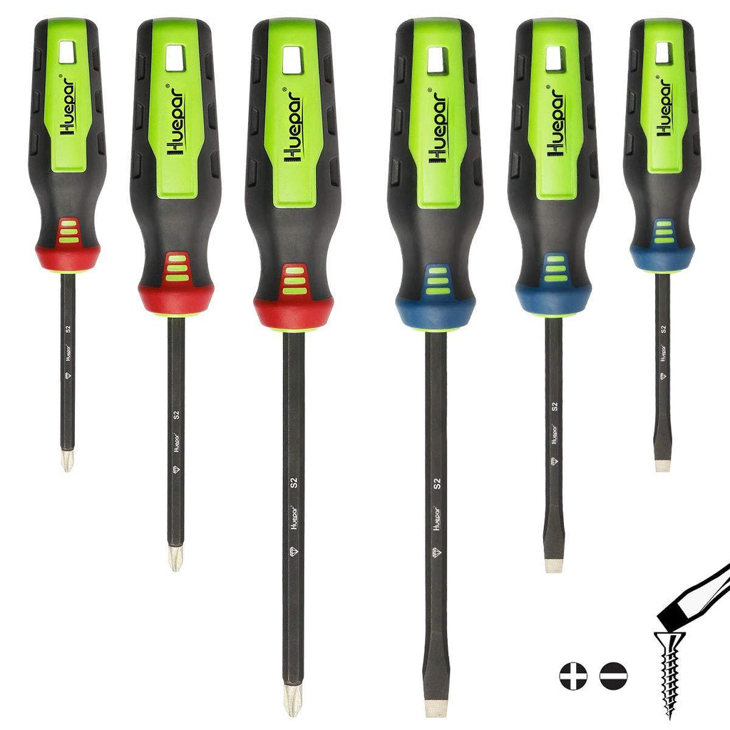  [AUSTRALIA] - Magnetic Screwdriver Set 6PCS, Huepar Professional 3 Slotted and 3 Phillips Screwdriver Kit with Diamond Tip, Rust Resistant Shaft, Color-Coded Non-Skid Handle for Repair Home Improvement Craft-SD06