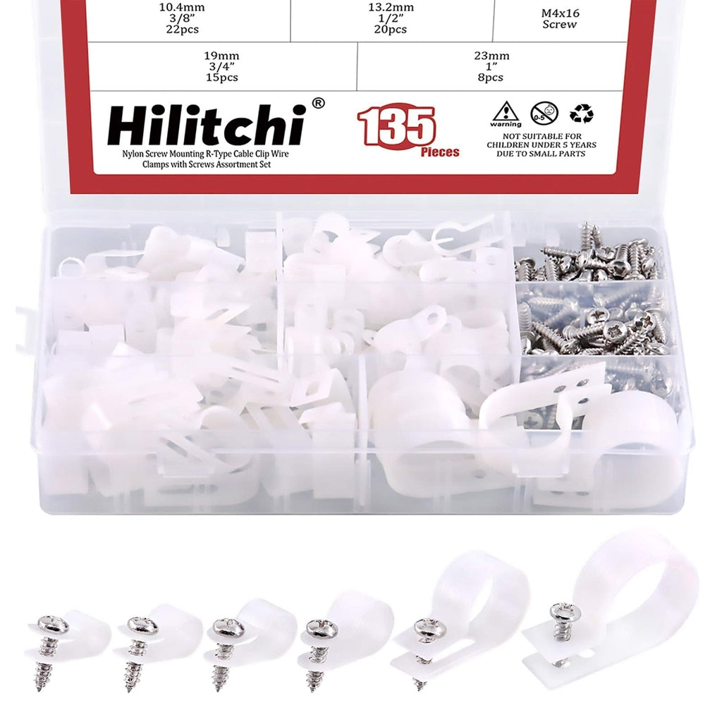  [AUSTRALIA] - Hilitchi 135 Pcs 6 Sizes White Plastic Cable Clamp R Type Screw Mounting Cord Fastener Cable Clips Assortment Kit with Screws for Wire Management Cable Conduit (Clips from 6mm to 23mm)