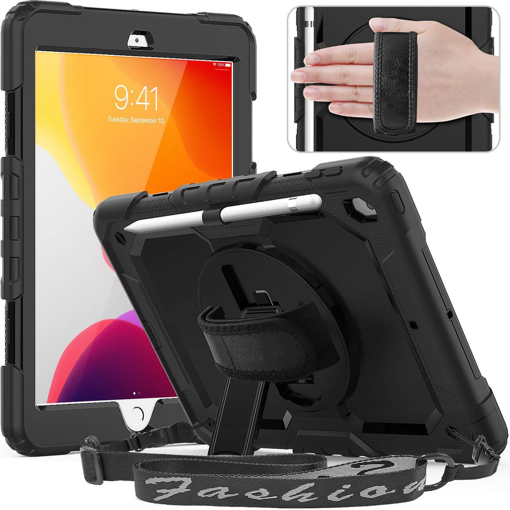 Timecity iPad 9th/ 8th/ 7th Generation Case, iPad 10.2-Inch Case 2021/ 2020/ 2019 with Screen Protector Pencil Holder Kickstand Hand/Shoulder Strap.Rugged Protective Tablet Cover for iPad 10.2 - Black Black+ Black - LeoForward Australia