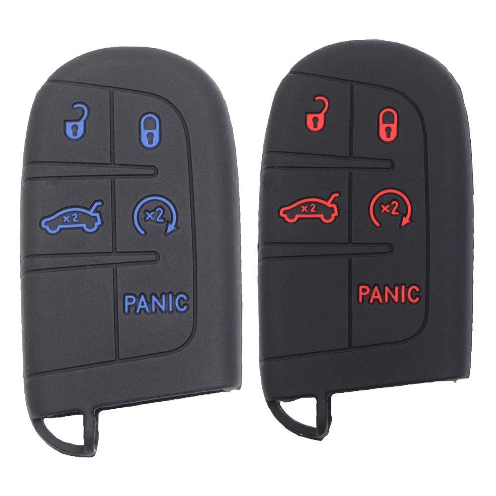 Btopars 2Pcs Silicone Smart Key Fob Skin Cover Case Protector Keyless Jacket Remote Holder Compatible with Jeep Grand Cherokee Dodge Challenger Charger Durango 2018 2019 2020 2021 Black With Red Black With Blue - LeoForward Australia