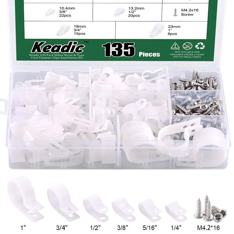  [AUSTRALIA] - Keadic Cable Clamp 135 Pack White Nylon R-Type Cord Fastener Clips Assortment Kit with 135 Pack Stainless Steel Screws, Great for Wire Management - White