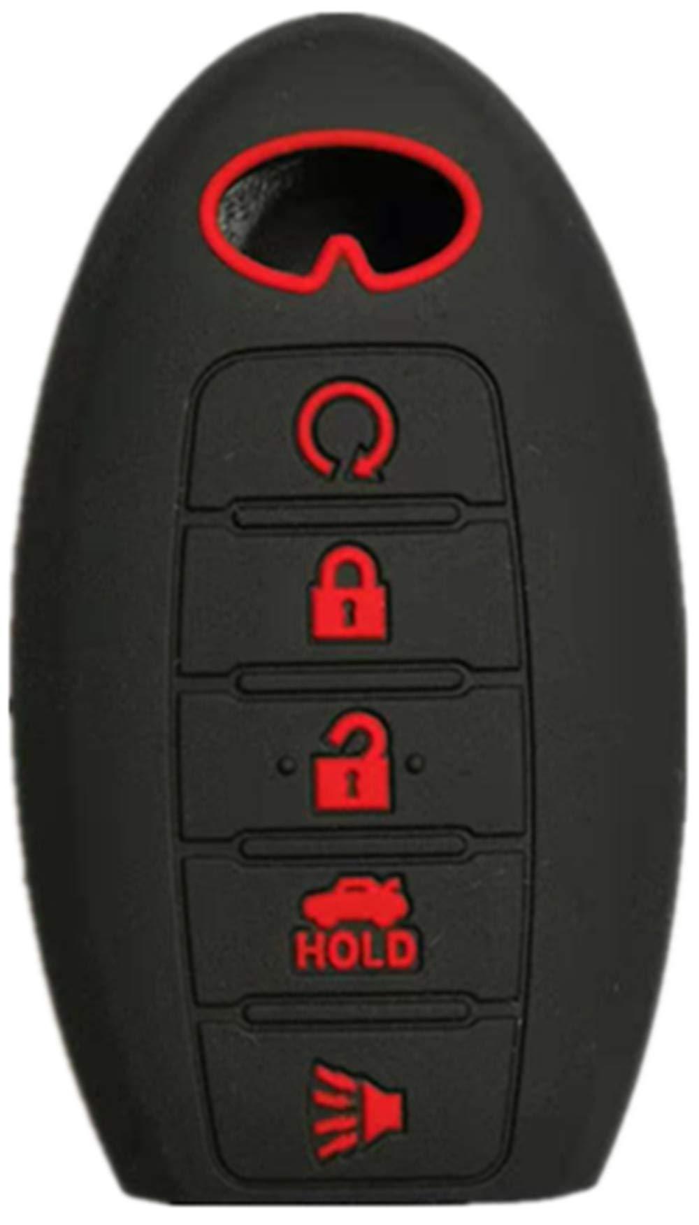  [AUSTRALIA] - RUNZUIE Silicone Keyless Entry Remote Key Fob Cover Case Protector Fit for Infiniti JX35 QX60 QX80 Q50 Black with Red 5 Buttons
