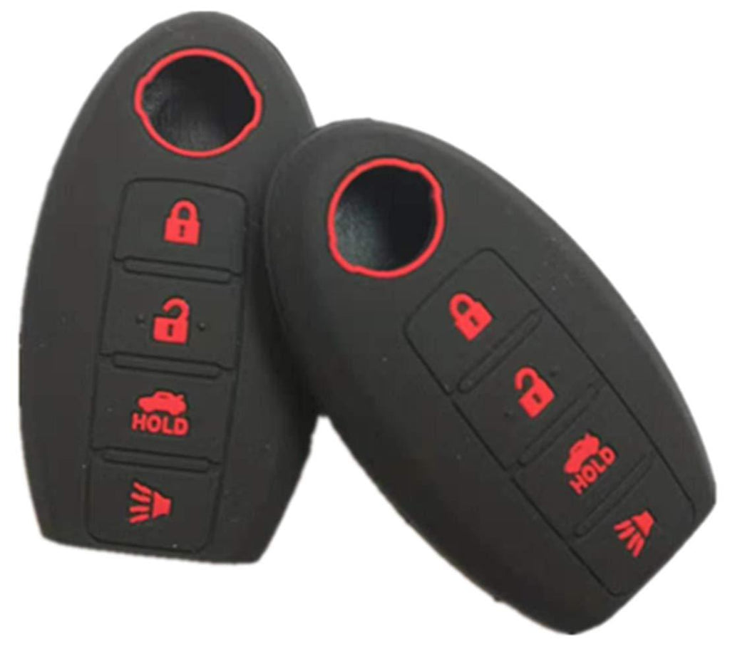  [AUSTRALIA] - RUNZUIE 2Pcs Silicone Keyless Entry Remote Key Fob Cover Case Protector for Nissan Teana Murano Maxima Pathfinder Rogue Versa 370Z Sentra Altima CWTWB1U840 285E3-3SG0D（Black with Red 4 Buttons ）