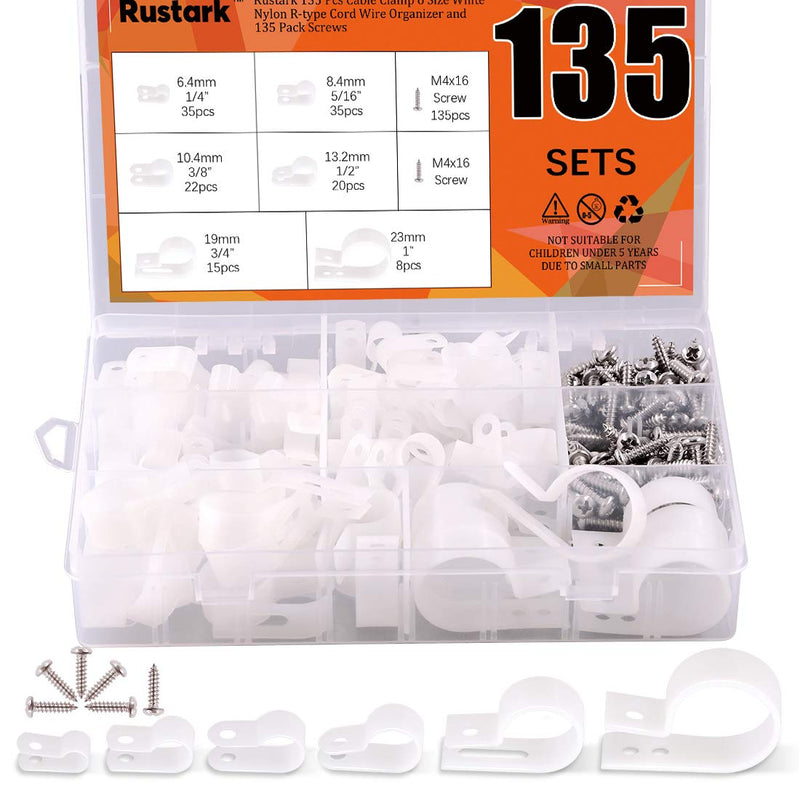  [AUSTRALIA] - Rustark 135 Pcs Cable Clamp 6 Size White Nylon R-Type Cord Wire Organizer Clips Fasteners Assortment kit with 135 Pack Screws for Wire Management