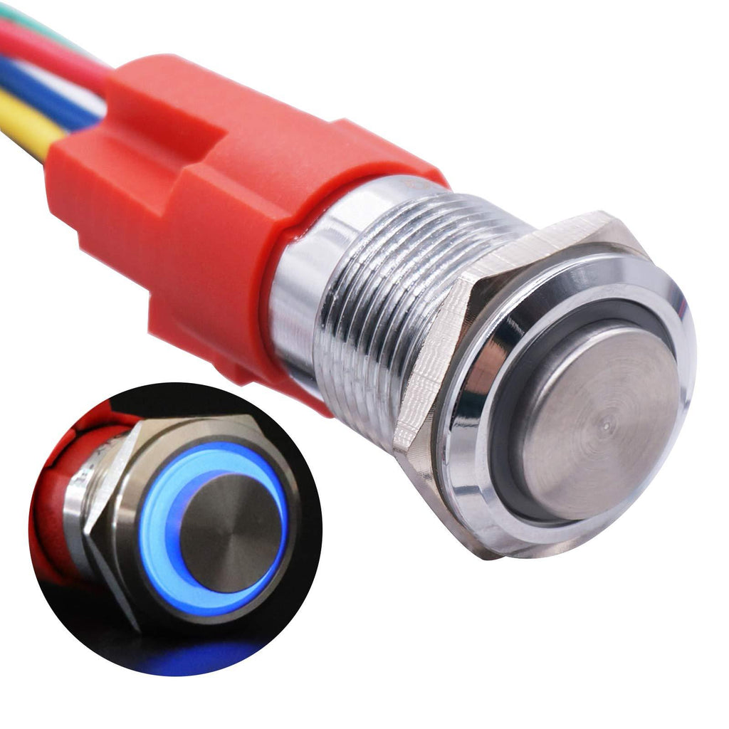 TWTADE 22mm IP65 Waterproof Momentary High Head Metal Push Button Switch 7/8'' 10A DC12V Stainless Steel Shell (Blue) LED Ring Switch 1NO 1NC with Wire Socket Plug YJ-GQ22AH-M-B Blue 22mm-Momentary-High Head - LeoForward Australia
