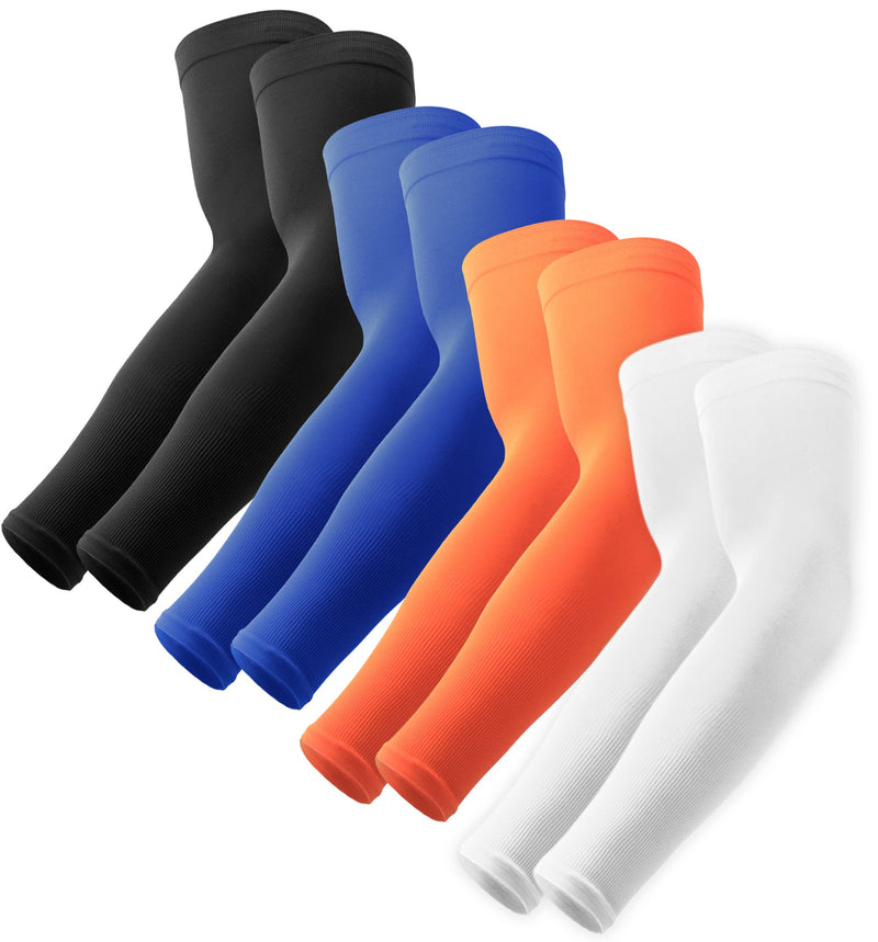  [AUSTRALIA] - UV Sun Protection Compression Arm Sleeves - Tattoo Cover Up - Cooling Athletic Sports Sleeve for Football, Golf & Volleyball 4 Pairs: 1 Pair Black, 1 Pair Orange, 1 Pair Royal Blue, 1 Pair White
