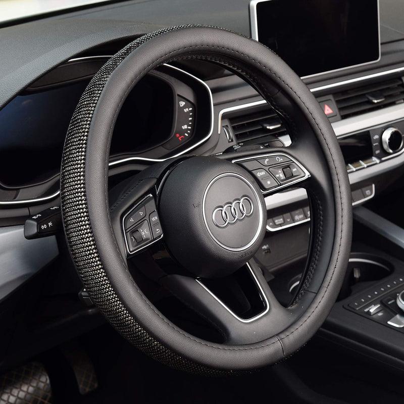  [AUSTRALIA] - KAFEEK Diamond Leather Steering Wheel Cover with Bling Bling Crystal Rhinestones, Universal 15 inch Anti-Slip, Black Microfiber Leather Black Diamond