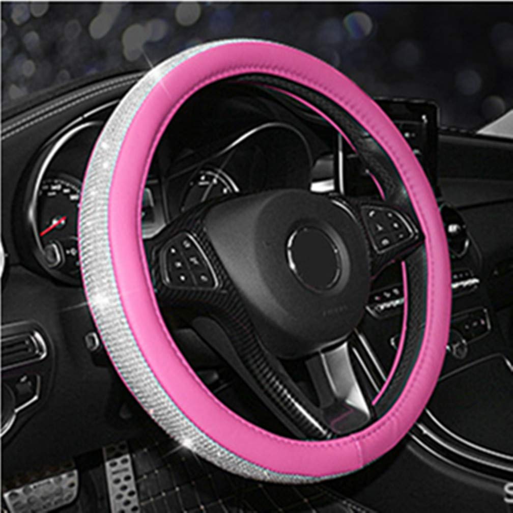  [AUSTRALIA] - KAFEEK for Women Girls Diamond Leather Steering Wheel Cover with Bling Bling Crystal Rhinestones, Universal 15 inch Anti-Slip, Pink Microfiber Leather White Diamond