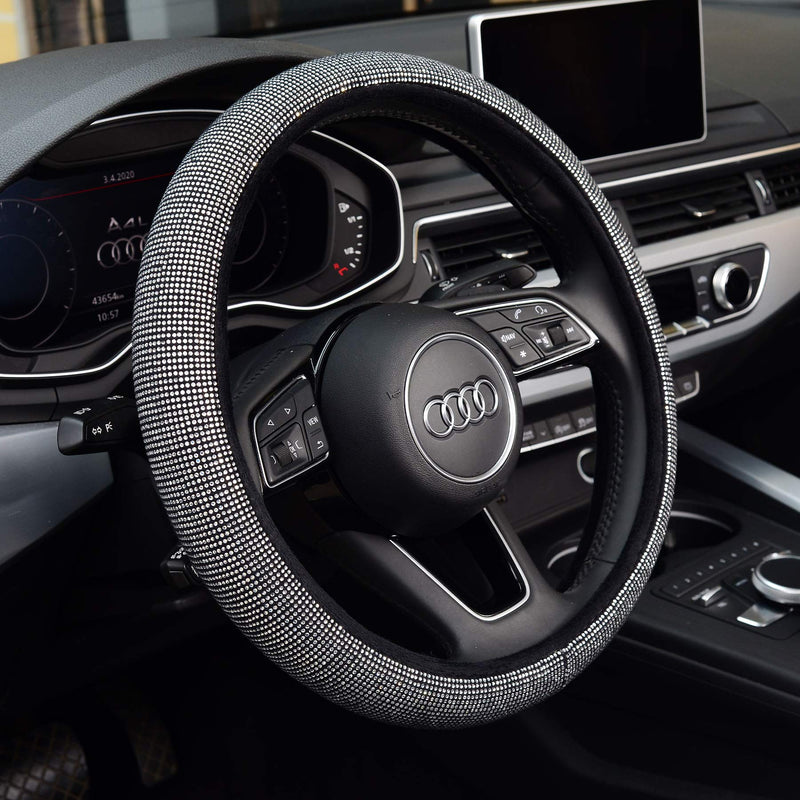 [AUSTRALIA] - KAFEEK Diamond Leather Steering Wheel Cover with Bling Bling Crystal Rhinestones, Universal 15 inch Anti-Slip,Black Diamond