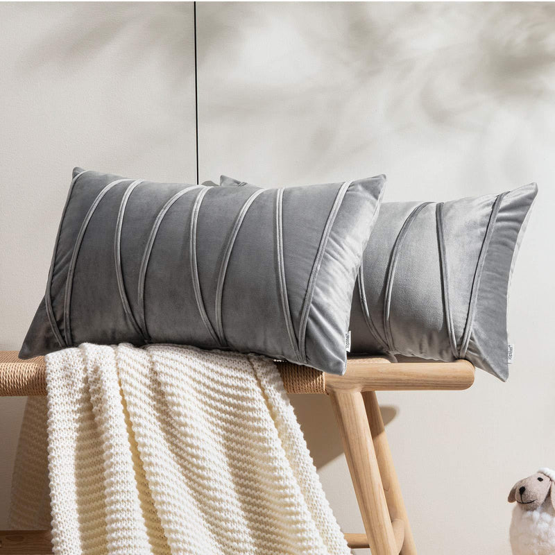  [AUSTRALIA] - Top Finel Decorative Lumbar Throw Pillow Covers Hand-Made Soft Velvet Striped Cushion Covers 12 X 20 for Couch Sofa Bedroom Car, Pack of 2, Grey 12"x20"