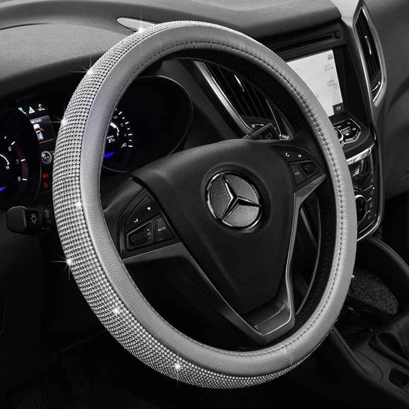  [AUSTRALIA] - KAFEEK Diamond Leather Steering Wheel Cover with Bling Bling Crystal Rhinestones, Universal 15 inch Anti-Slip, Silver Microfiber Leather White Diamond