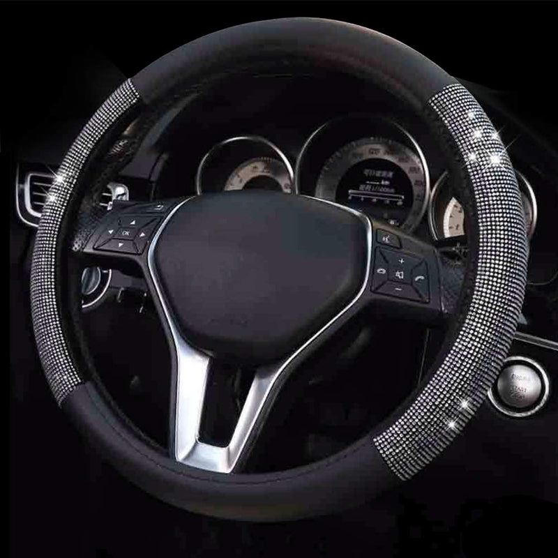  [AUSTRALIA] - ZHOL Diamond Leather Steering Wheel Cover with Bling Bling Crystal Rhinestones, Universal Fit 15 Inch Anti-Slip Wheel Protector