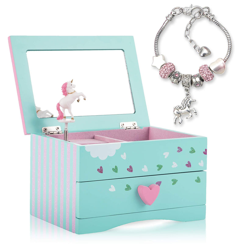  [AUSTRALIA] - Amitié Lane Unicorn Jewelry Box For Girls PLUS Augmented Reality Experience (STEM Toy) - Unicorn Music Box With Pullout Drawer and Unicorn Charm Bracelet (Mint Green) Mint