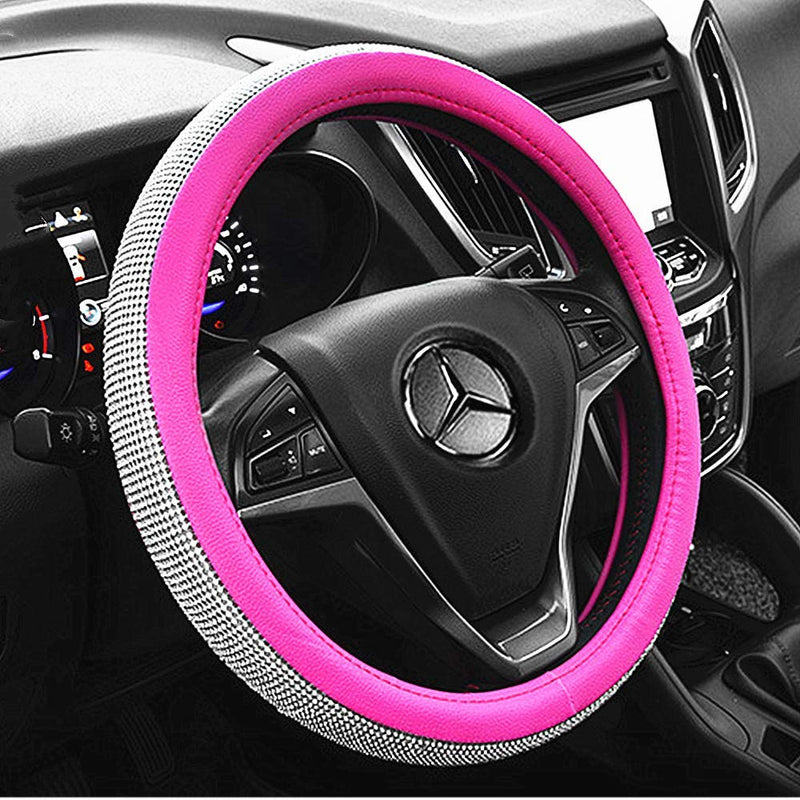  [AUSTRALIA] - Labbyway Diamond Leather Steering Wheel Cover Universal 15 inch,with Bling Bling Crystal Rhinestones Car Wheel Protector (Pink) Pink