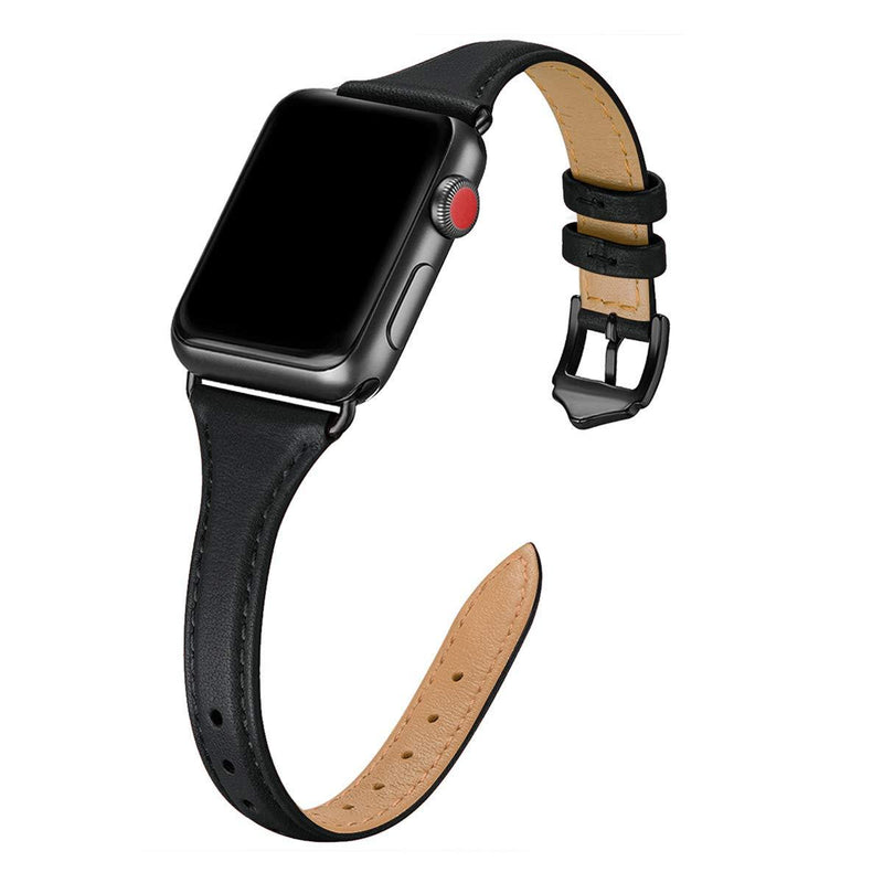 WFEAGL Leather Bands Compatible with Apple Watch 38mm 40mm 42mm 44mm, Top Grain Leather Band Slim & Thin Replacement Wristband for iWatch SE & Series 6/5/4/3/2/1 (Black/Black, 38mm 40mm ) Black/Black - LeoForward Australia