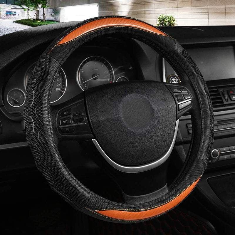 Black Panther Luxury Leather Car Steering Wheel Cover with 3D Honeycomb Hole Anti-Slip Design, 15 Inch Universal - Orange 3D Honeycomb - Orange - LeoForward Australia