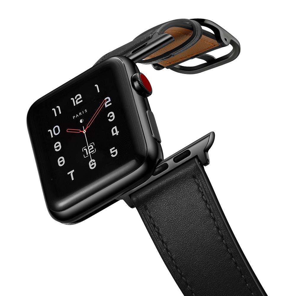 amBand Leather Band Compatible with Apple Watch SE Series 6 38mm 40mm 42mm 44mm, Genuine Leather Vintage Replacement Strap Classic Bands Buckle Compatible with iWatch 6/5/4/3/2/1 Black 3840 - LeoForward Australia