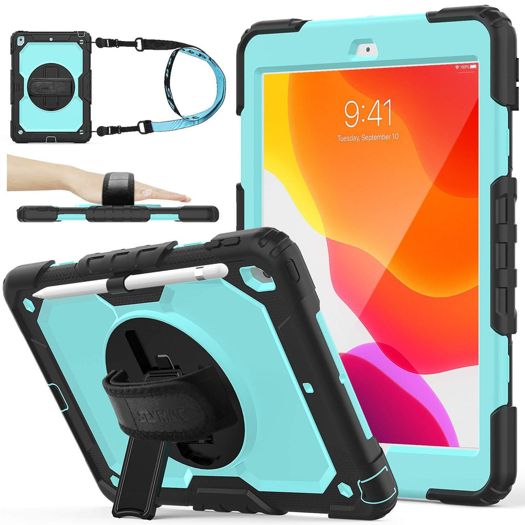 SEYMAC stock iPad 9th/8th/7th Generation Case, [Full-Body] [Drop-Proof] Case with [Screen Protector] [360 Rotate Stand] Hand Strap [Pen Holder] for iPad 9th/8th/7th Gen 2021/2020/2019 (SkyBlue+Black) Skyblue+Black - LeoForward Australia