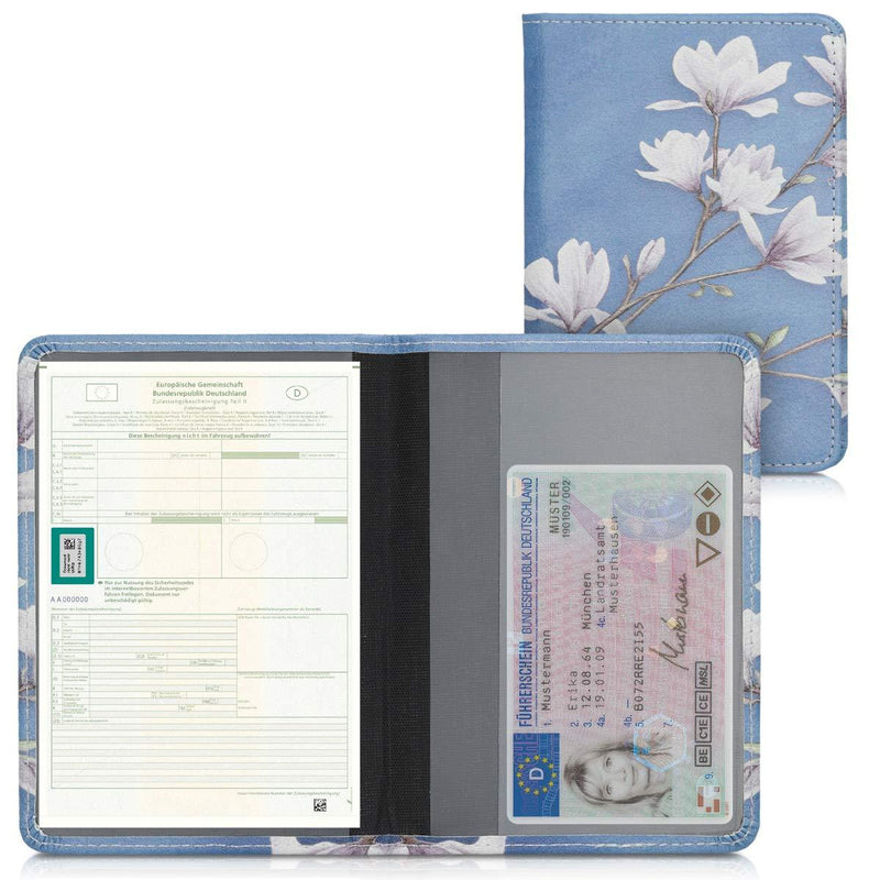  [AUSTRALIA] - kwmobile Registration and Insurance Holder - Car Document Holder for Vehicle Documents and Cards - PU Leather with Design - Magnolias Taupe/White/Blue Grey