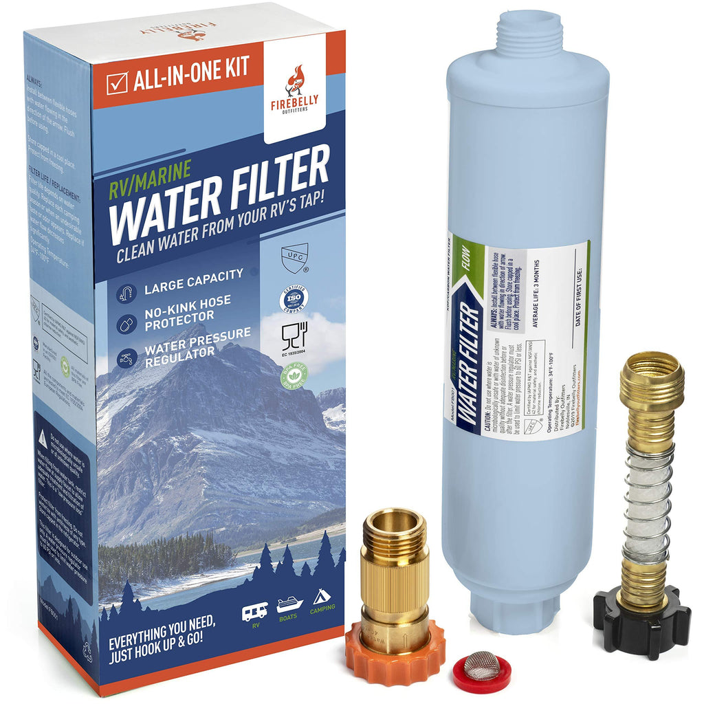  [AUSTRALIA] - Firebelly Outfitters RV/Marine Inline Carbon Water Filter - Starter Kit w/Flexible Hose Protector, RV Water Pressure Regulator – Protects Against Bad Taste, Odor, Iron, Lead, Chlorine, Sediment, Mold