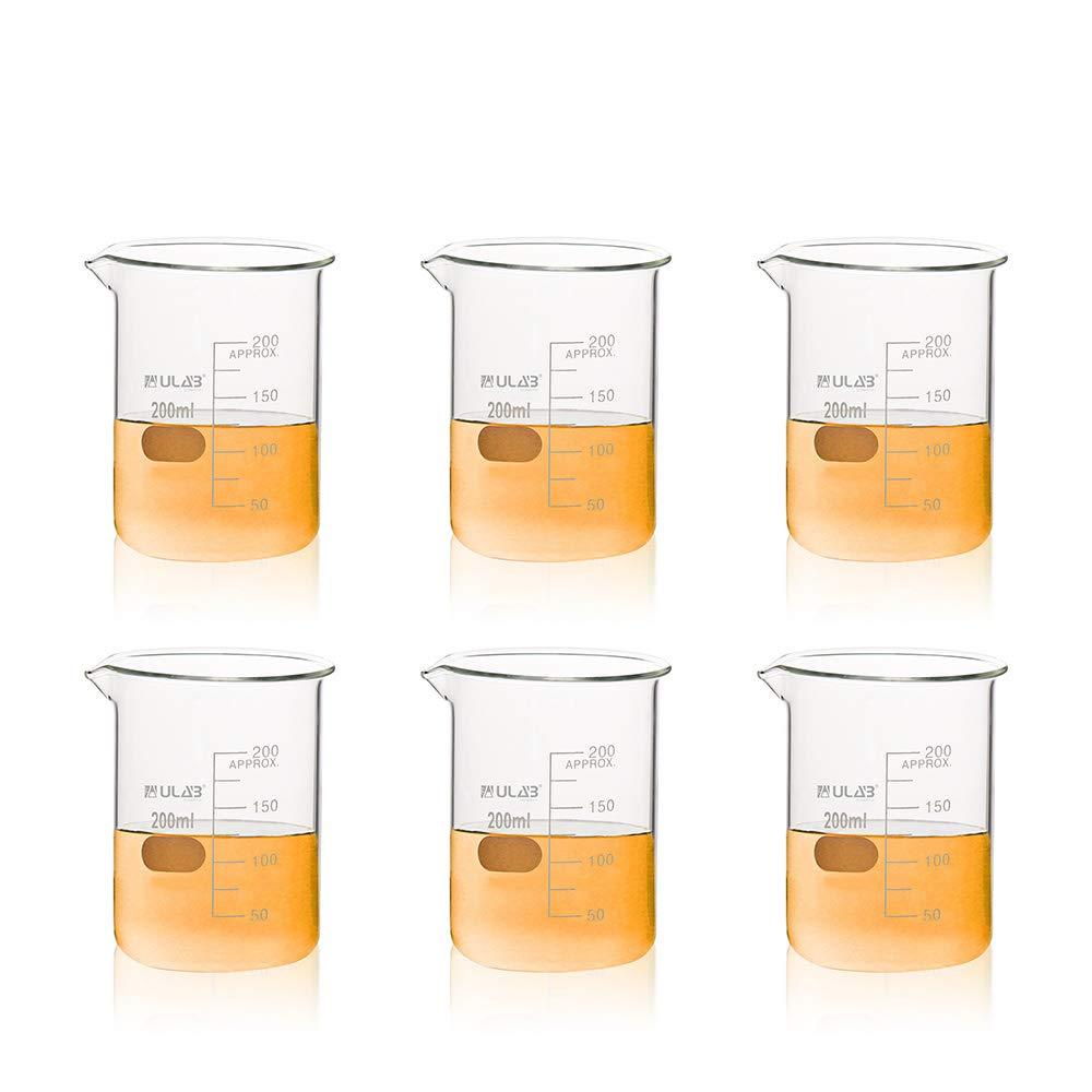 ULAB Scientific Glass Beaker Set, Vol. 200ml, 3.3 Borosilicate Griffin Low Form with Printed Graduation, Pack of 6, UBG1022 Vol.200ml, Pack of 6 - LeoForward Australia