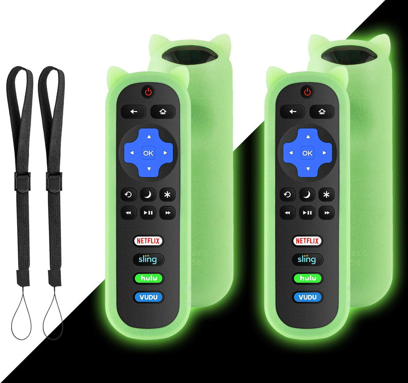 Bedycoon 2 Pack Green Glow Protective Remote Case for TCL Roku TV RC280 RC282 Remote,Shock Proof Silicone Universal Remote Controller Cover, Cute Cat Ear Shape,with Wrist Strap Anti-Lost 2 green glow in dark - LeoForward Australia