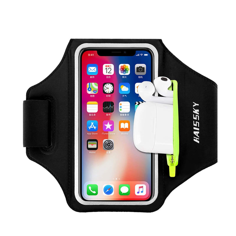  [AUSTRALIA] - Running Armband with Airpods Bag Cell Phone Armband for iPhone 12/11 Pro /11/XR/XS/X/8, Galaxy S9/S8 Water Resistant Sports Phone Holder Case & Zipper Slot Car Key Holder for 6.5 inch Phone Black (Up to 6.5'')