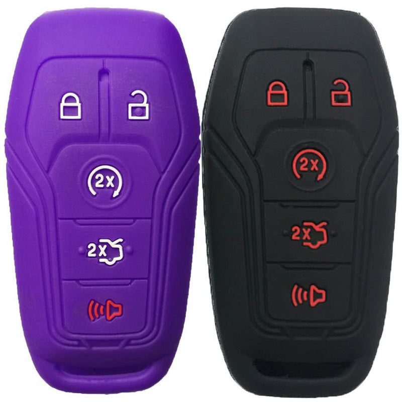  [AUSTRALIA] - KOSMIQ 2Pcs Silicone Smart Car Key Cover Shell Case Keyless Entry Holder for Ford F-150 Lincoln Fusion MKZ Mustang MKC 5 Buttons Smart Key black+purple