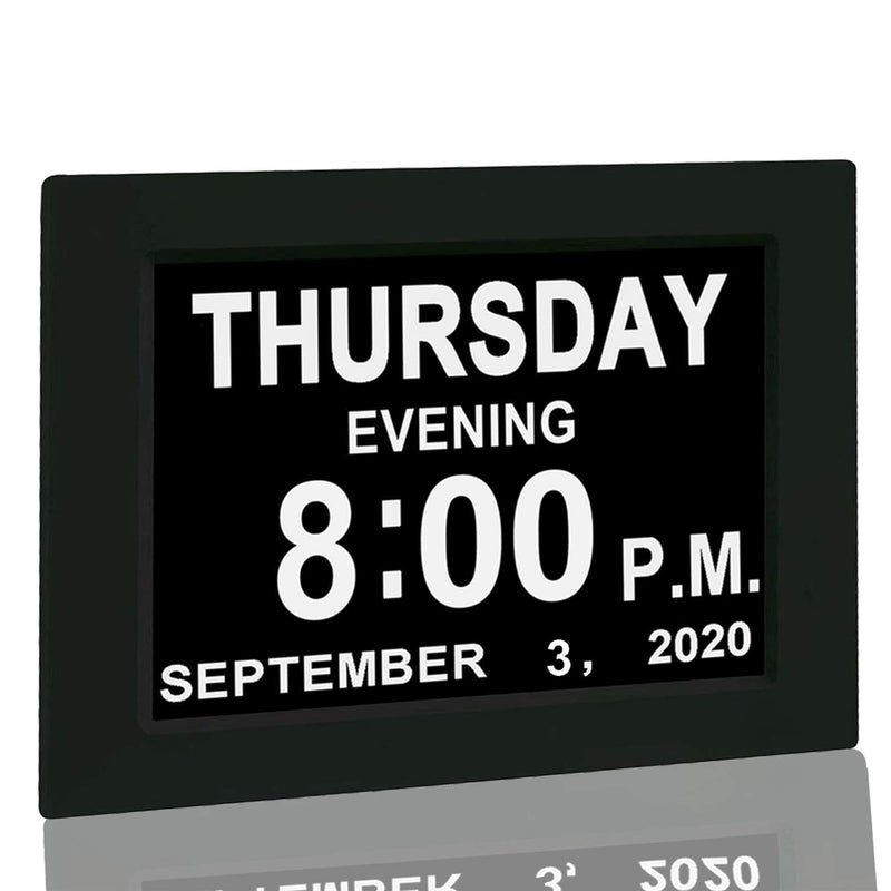 Digital Calendar Alarm Day Clock - with 8” Screen Display, am pm, 5 Alarm, for Extra Impaired Vision People, The Aged Seniors, The Dementia, Wall Mounted, black - LeoForward Australia