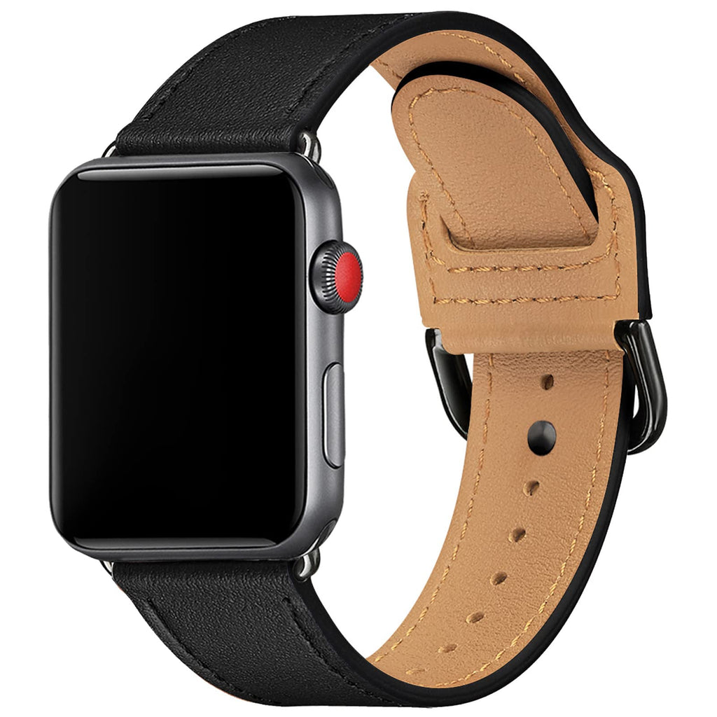  [AUSTRALIA] - POWER PRIMACY Bands Compatible with Apple Watch Band 38mm 40mm 42mm 44mm, Top Grain Leather Smart Watch Strap Compatible for Men Women iWatch Series 6 5 4 3 2 1,SE (Black/Black, 38mm 40mm) Black/Black