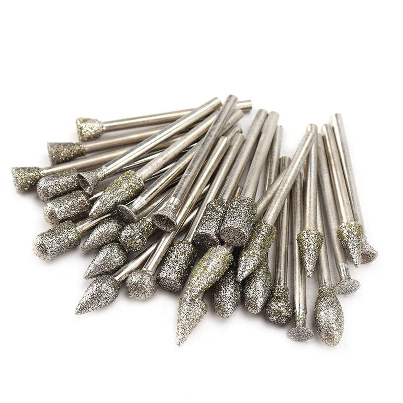 30Pcs Diamond Grinding Burr Drill Bit Mix Set with 1/8-inch Shank 10 Style Grit 60 Diamond Coated Grinding Head For Rotary Tools Stone Carving Accessories Bit Universal Fitment - LeoForward Australia