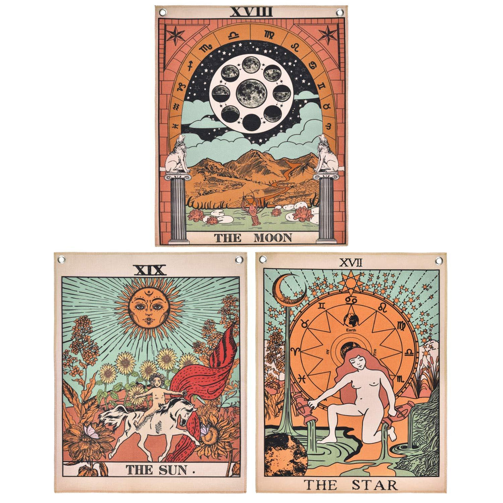  [AUSTRALIA] - Pack 3 Tarot Tapestry, The Moon, The Star and The Sun Tarot Card Tapetsry, Medieval Europe Tapestry for Room with Rustproof Grommets, Seamless Nails 11.8" x 15.7" Cotton and linen