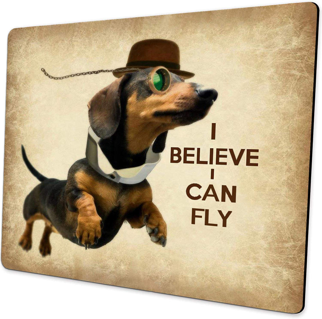  [AUSTRALIA] - Custom Mouse Pad Funny Sausage Dog Cute Flying Dachshund with Glasses Design Art, Joking Quotes and Sayings I Believe I Can Fly Mousepad Mat Dog-N