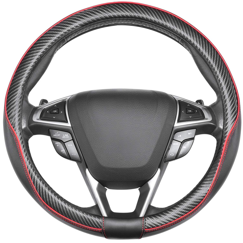  [AUSTRALIA] - SEG Direct Car Steering Wheel Cover Universal Standard-Size 14 1/2''-15'' Leather with Carbon Fiber Pattern Black and Red 2.Standard size[14 1/2''-15''] 2.Black and Red