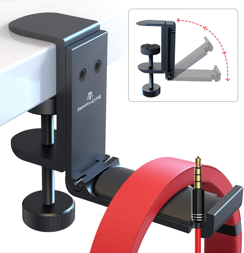  [AUSTRALIA] - APPHOME Headphone Hook Desk, Headphones Stand Under Table Foldable Headset Holder Clamp Hanger Mount, Built in Cable Clip Organizer for PC Gaming, Office, Backpack Bag Purse Hanging Premium Black-One Pack