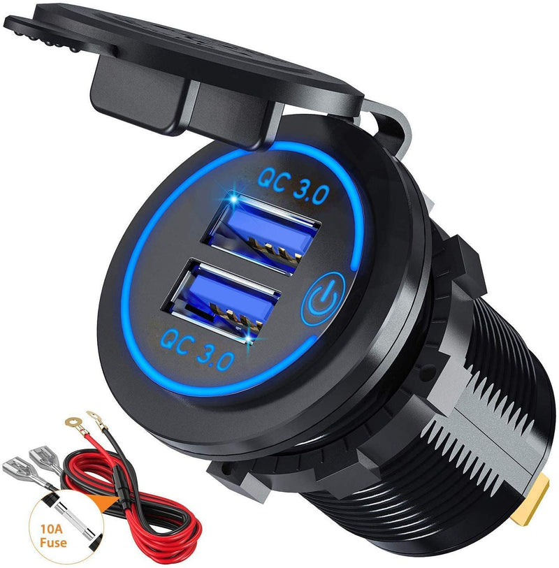  [AUSTRALIA] - Quick Charge 3.0 Dual USB Car Charger Socket with Touch Switch 12V/24V 36W QC3.0 Dual USB Fast Charger Socket Power Outlet for Marine, Boat, Motorcycle, Truck, Golf Cart QC3.0 With Switch