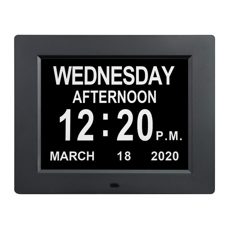  [AUSTRALIA] - [2020 Upgraded] Digital Day Calendar Clocks 12 Alarm Options Non-Abbreviated Day & Month Auto-Dimming Extra Large Dementia Senior Elderly Vision Impaired Clock Black 8"