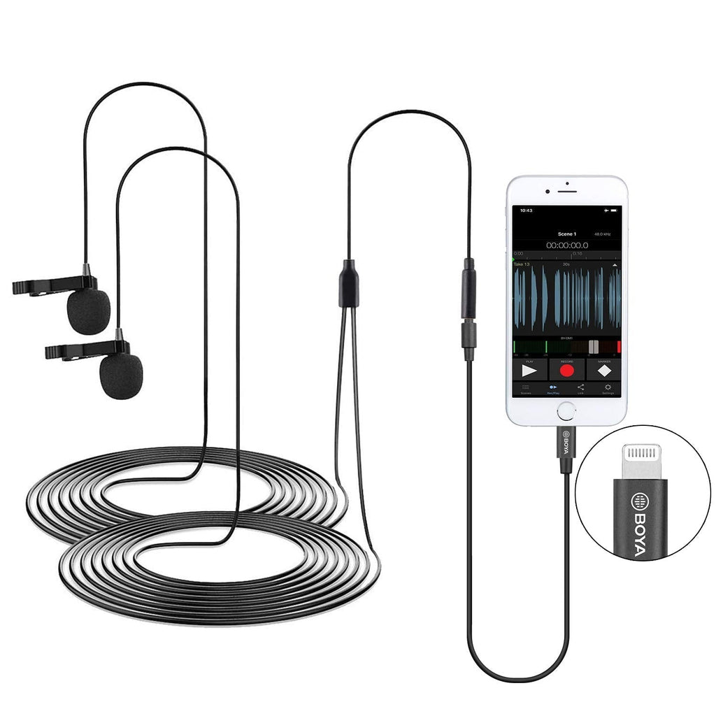  [AUSTRALIA] - Dual Lavalier Lightning Microphone for iOS iPhone 11 Vlog, 20 ft/6m BOYA BY-M2D Dual-Head Lapel Universal Mic with Lightning Plug Adapter for iPhone 11 10 X 8 7 MAC YouTube Video Facebook Live