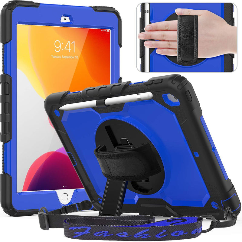 Timecity iPad 10.2 Case 2021/2020/ 2019, iPad 9th/ 8th/ 7th Generation Case with Pencil Holder, Stand with Hand Strap Shoulder Strap, Built-in Screen Protector iPad 9/8/7 Generation Case,Dark Blue Black+ Blue - LeoForward Australia