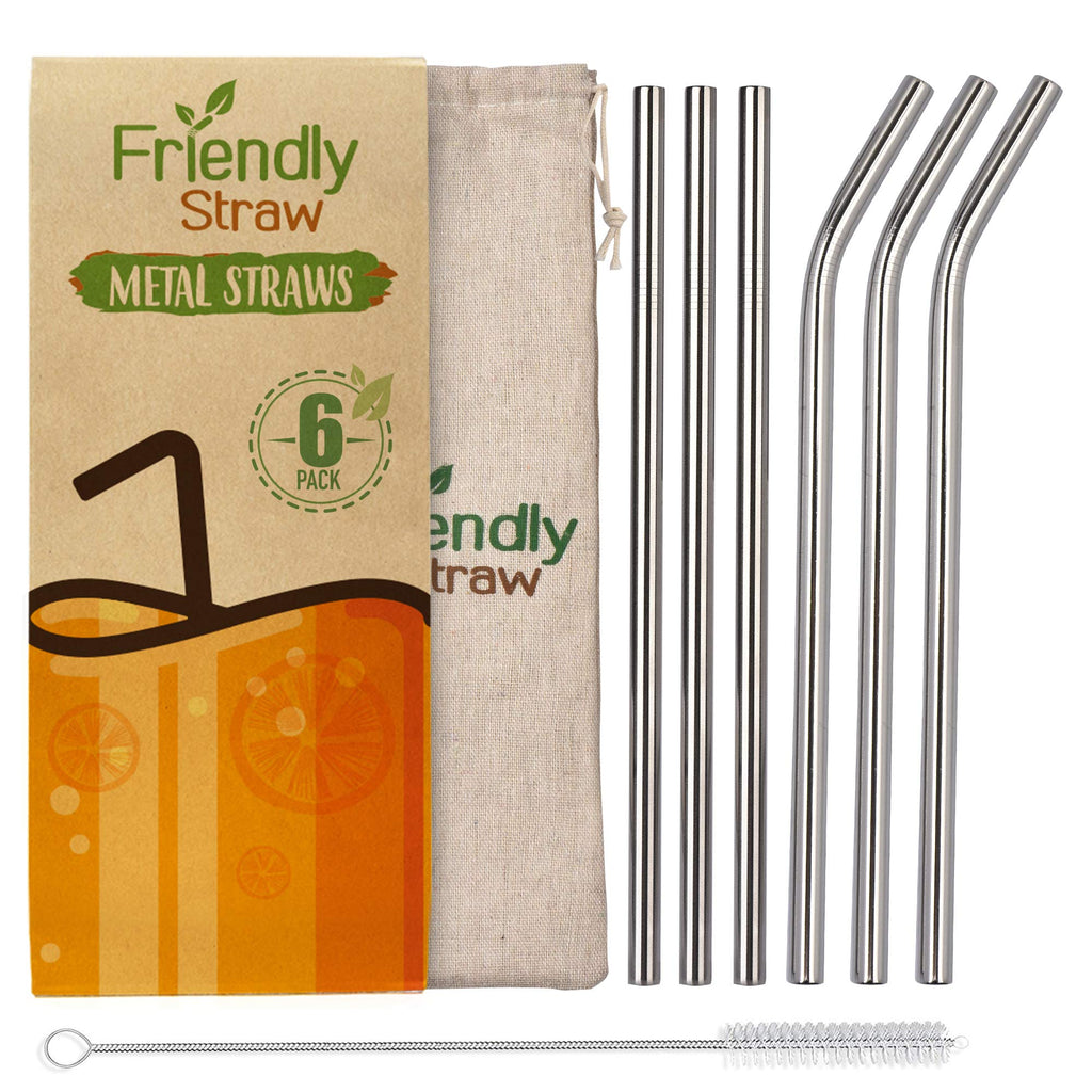  [AUSTRALIA] - Friendly Straw 6 Pack 8.5" x .4" Reusable Metal Straws For Smoothies, 3 Straight 3 Elbow Stainless Steel Smoothie Straws With Free Brushes and Pouch 8.5" Stainless Steel