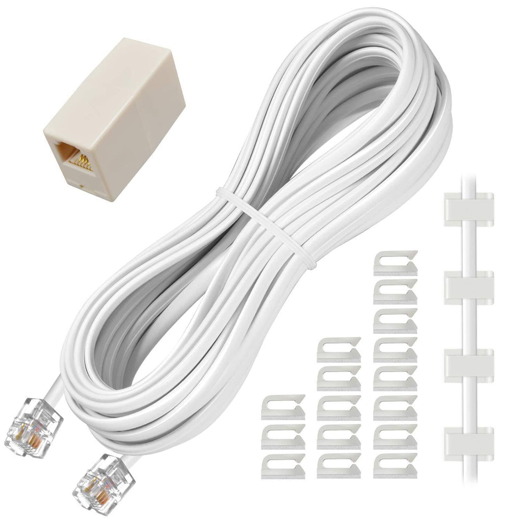  [AUSTRALIA] - Phone Extension Cord 25 Ft, Telephone Cable with Standard RJ11 Plug and 1 in-Line Couplers and 20 Cable Clip Holders, White