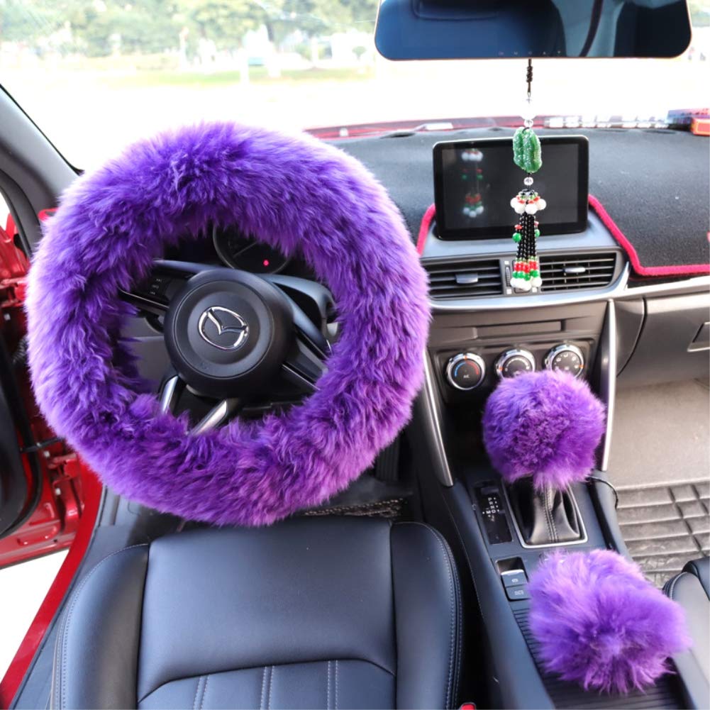  [AUSTRALIA] - Yontree Steering Wheel Cover with Handbrake Cover Gear Shift Cover Winter Warm Faux Wool 14.96"x 14.96" 1 Set 3 Pcs Purple