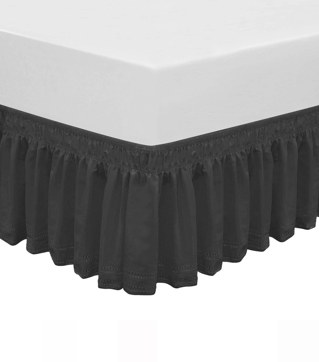  [AUSTRALIA] - QSY Home Wrap Around Elastic Eyelet Bed Skirts 14 1/2 Inches Drop Dust Ruffle Three Fabric Sides Easy On/Easy Off Adjustable Polyester Cotton(Black Queen/King) Embroidery-Queen/King-14 1/2 Inch Drop Black