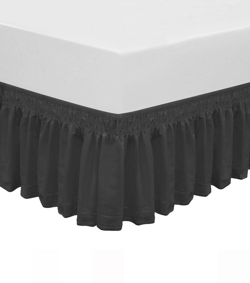  [AUSTRALIA] - QSY Home Wrap Around Elastic Eyelet Bed Skirts 14 1/2 Inches Drop Dust Ruffle Three Fabric Sides Easy On/Easy Off Adjustable Polyester Cotton(Black Queen/King) Embroidery-Queen/King-14 1/2 Inch Drop Black