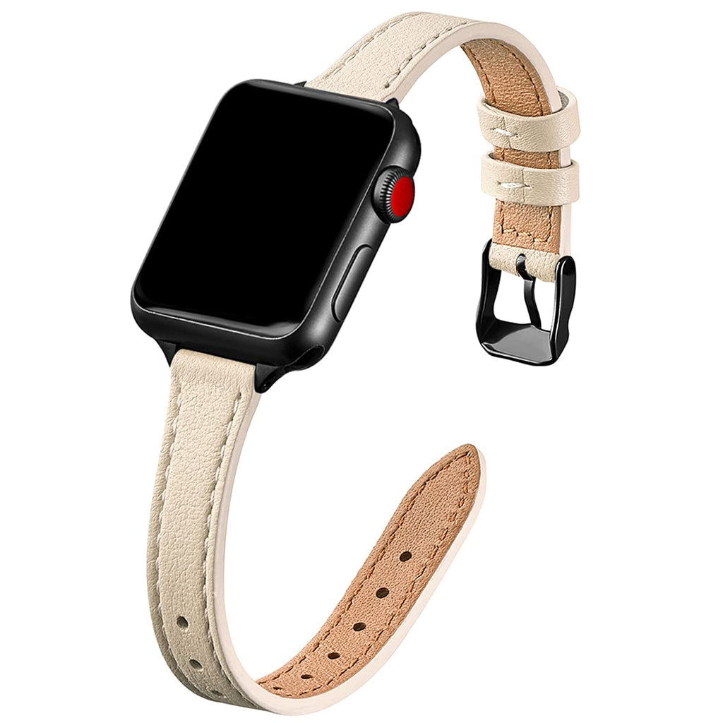  [AUSTRALIA] - STIROLL Slim Leather Bands Compatible with Apple Watch Band 38mm 40mm 42mm 44mm, Top Grain Leather Watch Thin Wristband Compatible for iWatch SE Series 6/5/4/3/2/1 (Beige with Black, 38mm/40mm) Beige with Black