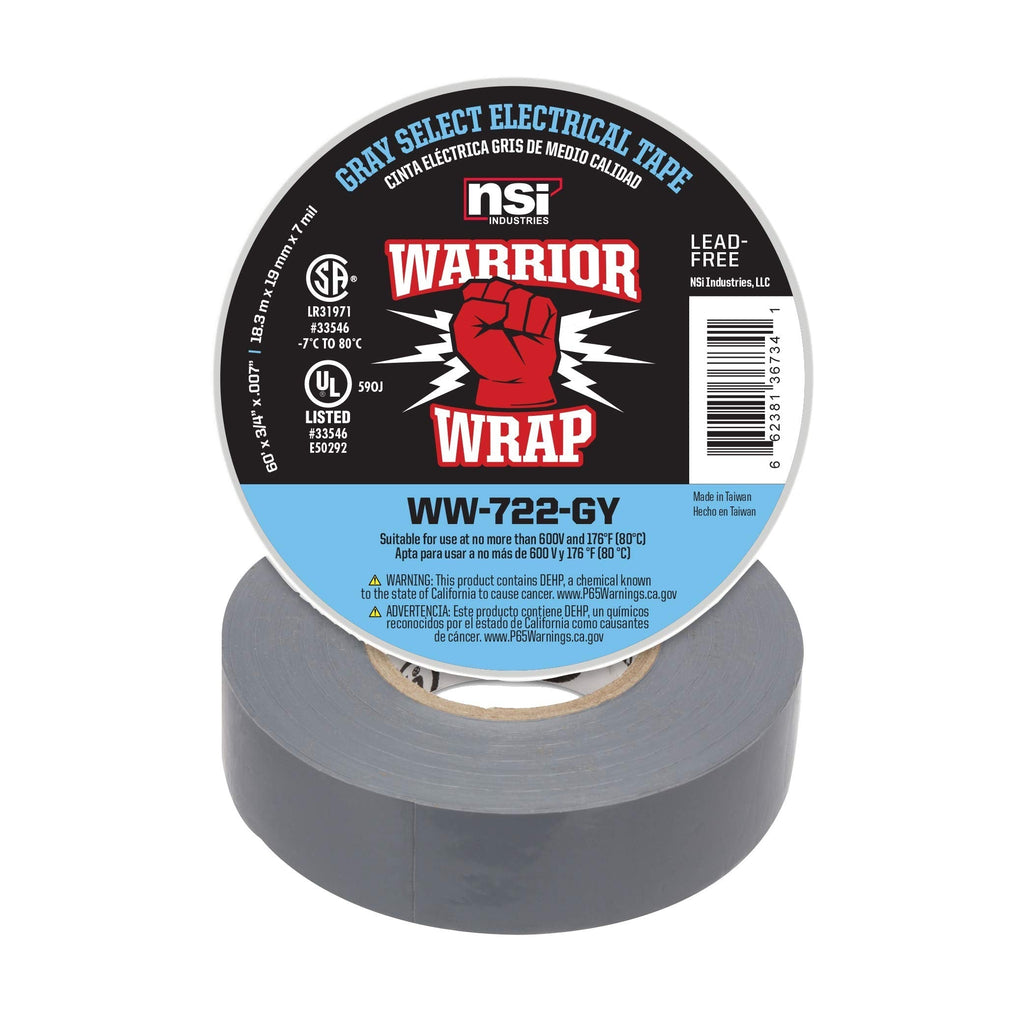  [AUSTRALIA] - NSi Industries WarriorWrap Select 3/4 in. x 60 ft. 7 mil Vinyl Electrical Tape, Gray (WW-722-GY)