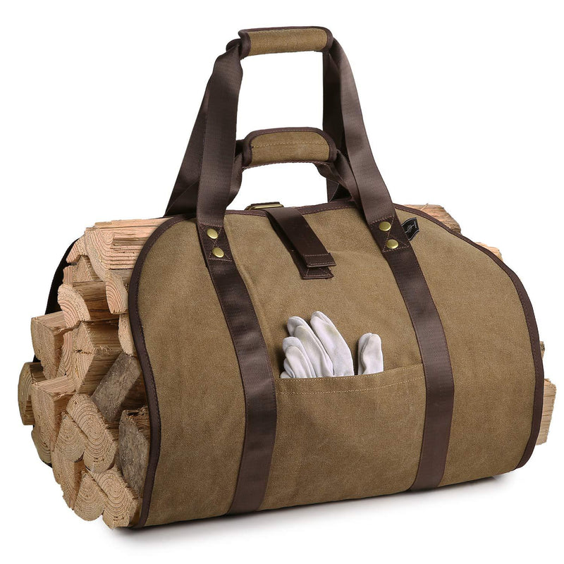  [AUSTRALIA] - BONTHEE 2 Handles Canvas Log Carrier Bag with Pocket for Fireplace Firewood - Brown