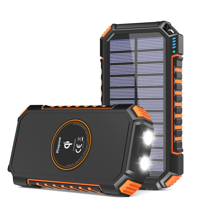Solar Charger 26800mAh, Riapow Solar Power Bank 4 Outputs USB C Quick Charge Qi Wireless Portable Charger with LED Flashlight for iPhone, Tablet, Samsung and Outdoor Camping Orange - LeoForward Australia